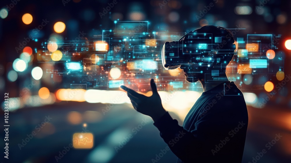 Poster a person using virtual reality technology amidst a backdrop of digital data visualization.