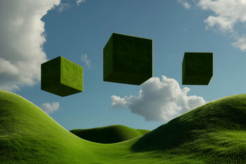 Green grass covered cubes float in the blue sky above rolling hills, casting shadows on the landscape