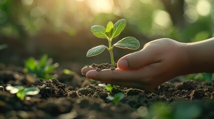 A close-up shot of a volunteer's hands gently holding a small seedling, ready to be planted into the soil. The background features a bright natural green bokeh, symbolizing the concept of Earth Day an