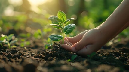 A close-up shot of a volunteer's hands gently holding a small seedling, ready to be planted into the soil. The background features a bright natural green bokeh, symbolizing the concept of Earth Day an