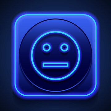 Smile simple icon vector. Flat design. Blue neon style on button. With shadow