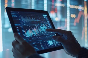 Hands using a tablet to assess stock market charts