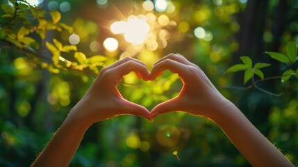 Two hands forming a heart against a green bokeh background, symbolizing love for nature and commitment to environmental conservation. Ideal for eco-friendly campaigns.