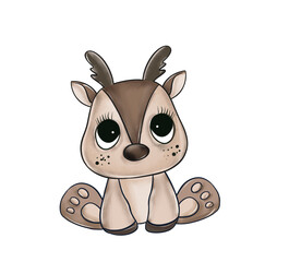 Cute watercolor baby deer. Hand drawn illustration. Painting isolated on white background.