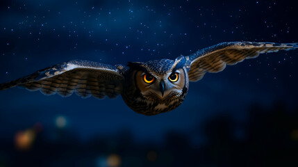 Fototapeta premium Elegant owl soars through a starry night sky above a city, symbolizing freedom and strength with its wide wings and piercing stare