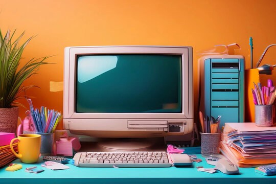 Messy office desk with old computer still life in vibrant colours, vintage style neon vaporwave