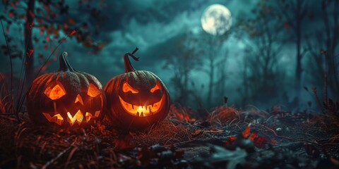 Obraz premium Two intricately carved jack-o'-lanterns glow warmly in eerie moonlight, surrounded by chilling mist and autumn leaves, creating a festive Halloween atmosphere, inviting seasonal celebration.