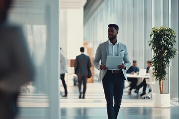 Fototapeta premium A Professional Man Walks Through a Modern Office Building Carrying Documents While Colleagues Work in the Background During Daytime Hours