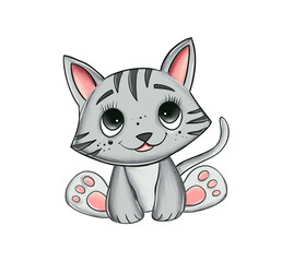 Watercolor Cute baby kitty . Hand drawn illustration. Watercolor Painting isolated on white background.