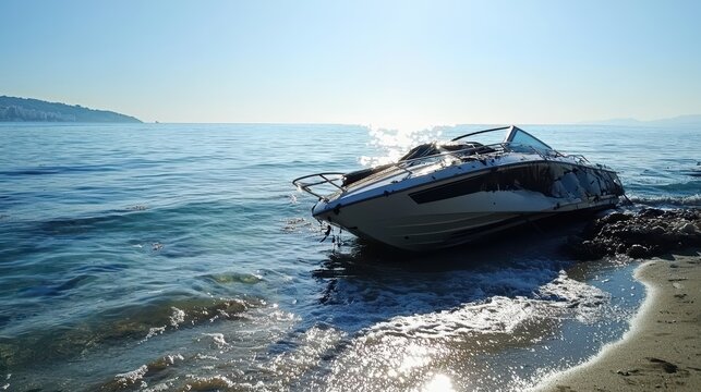 Damaged boat washed ashore after accident..