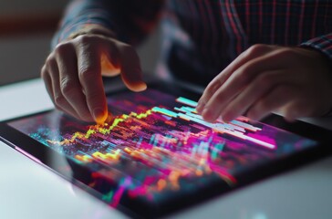 Fototapeta premium Hands interacting with digital financial data on tablet