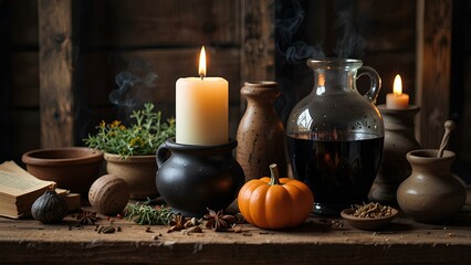 Witch's Potion Ingredients: Dried Herbs, Candles, and Bubbling Cauldron on a Wooden Table