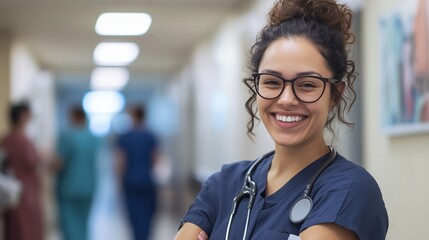 A cheerful healthcare professional stands confidently in a hospital corridor, showcasing dedication and care for her patients