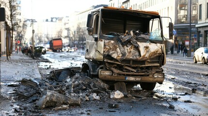 Damaged truck after road accident in urban area....
