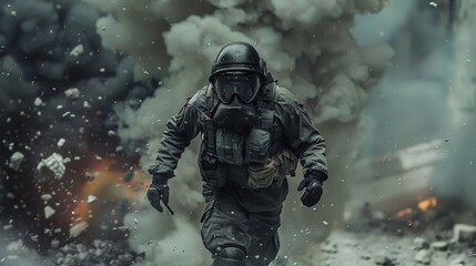 Heavily Equipped Soldier Advancing Through Smoke and Explosions During Intense Combat