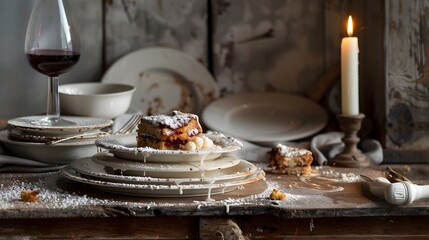 Naklejka premium Remnants of a Lavish Dinner Party Dirty Dishes and Decadent Aftermath