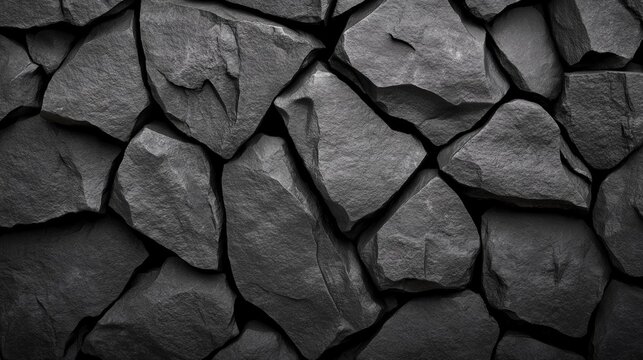 Dark basalt stone texture with rough surfaces and shadowy black tones, creating a rugged, volcanic look on a plain background 