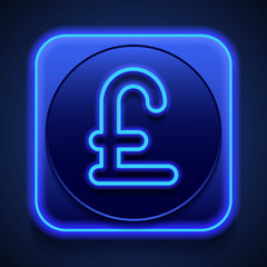 Pounds money simple icon. Flat design. Blue neon style on button. With shadow