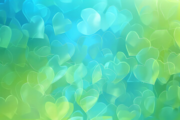 Colorful background of glittery heart shapes various colors. Valentine's Day backdrop. bright array of blue and green hearts on abstract background. Festive wallpaper for birthday, wedding design.