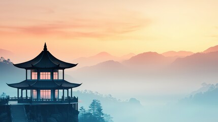 Obraz premium A tranquil pagoda stands majestically against a misty mountain backdrop at sunrise. The serene atmosphere evokes peace and harmony with nature.