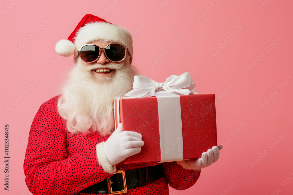 Canvas Prints man in a santa suit holding a red box with a bow on it