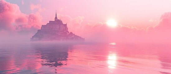 Obraz premium Majestic medieval castle silhouetted against a dramatic moody sunset over serene reflective waters surrounded by misty atmospheric landscape Fairy tale like enchanting and captivating scene