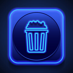 Popcorn simple icon vector. Flat design. Blue neon style on button. With shadow