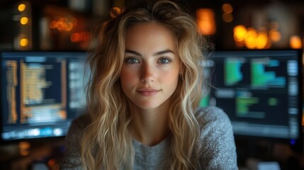 Naklejka premium female software developer deeply focused on her coding work with dual monitors surrounded by technical books and a modern workspace embodying concentration and creativity