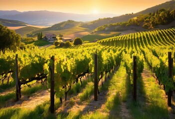 Naklejka premium cascading grape vines sunlit vineyard surrounded breathtaking natural scenery lush terrain, grapes, farm, landscape, rural, nature, agriculture, ripe