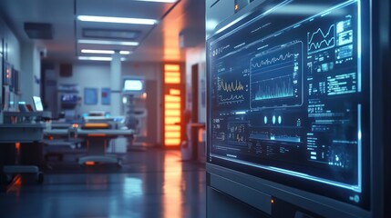 A futuristic medical facility with advanced monitoring screens and equipment.