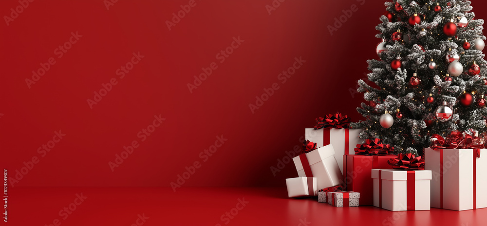 Canvas Prints a red background with a christmas tree and presents