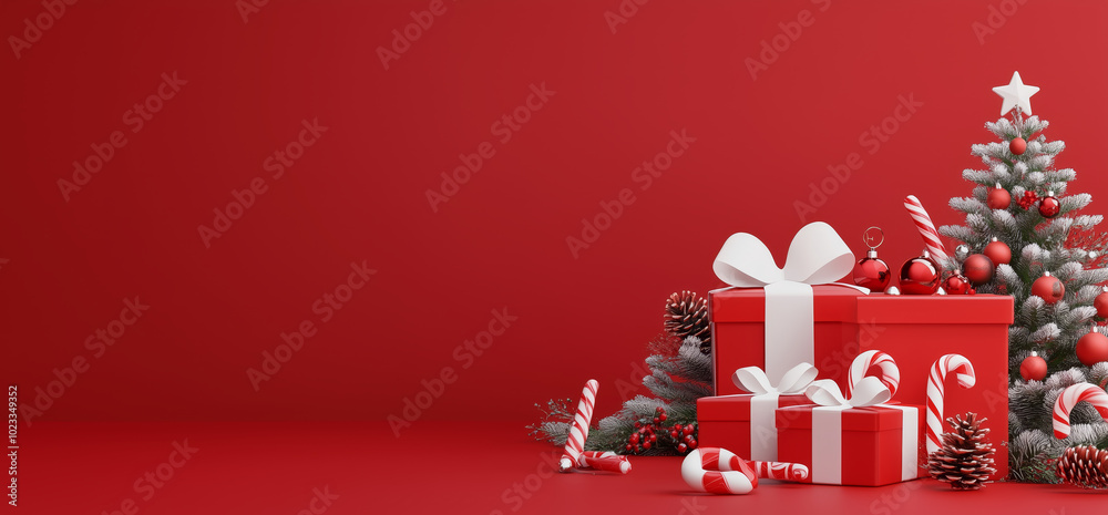 Wall mural a red background with a white tree and a red box with a white bow on top