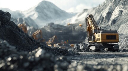 A construction site in a mountainous area featuring heavy machinery for excavation.