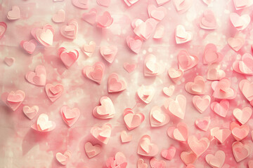 Colorful background of glittery heart shapes various colors. Valentine's Day backdrop. bright array of pink hearts on abstract background. Festive wallpaper for birthday, wedding design.