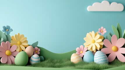 Easter background with a gradient sky and rolling green hills covered in flowers and eggs, with a wide open space in the sky for text 