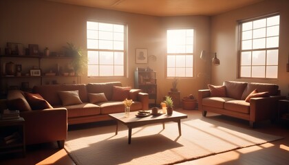 Fototapeta premium A spacious industrial living room featuring exposed brick walls, large metal beams, and polished concrete floors. A black leather sofa sits in the center, paired with a reclaimed wood coffee table. La