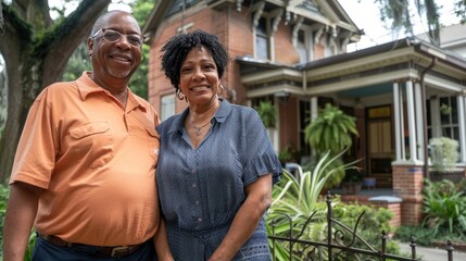 Fototapeta premium Joyful couple celebrates their newfound happiness in front of their newly acquired dream home
