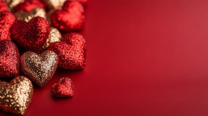 Elegant Valentine's background with subtle gold hearts and sparkles on a deep red surface, with a clear area for text 