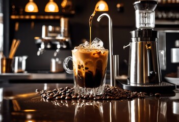 close vibrant iced coffee surrounded barista equipment displaying rich colors detailed texture, artisan, beverage, drink, espresso, cup, flavored, cream