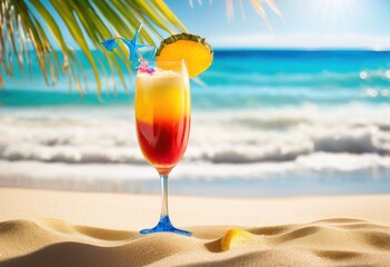 vibrant tropical drink glass colorful umbrella nestled sandy beach clear blue ocean background, cocktail, summer, paradise, resort, vacation, sunlight