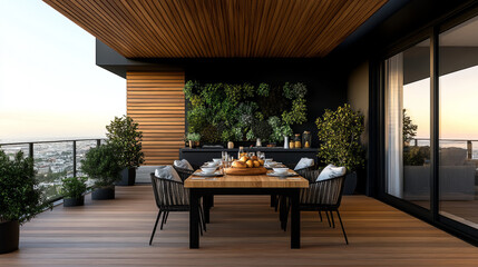 Fototapeta premium Modern balcony dining area with a stunning city view.
