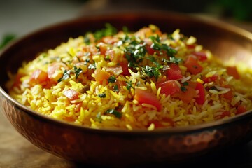 Close up of yellow rice with tomato and herbs