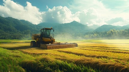 Naklejka premium A large rice harvester machine efficiently gathering rice in a picturesque rural landscape. Suitable for farming, agriculture, and rural development themes. 
