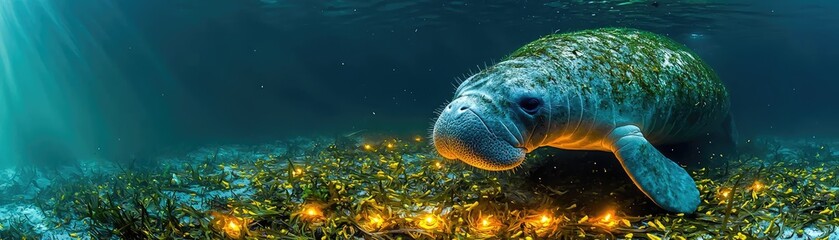 A serene underwater scene featuring a manatee gracefully gliding over seagrass, bathed in ethereal sunlight.