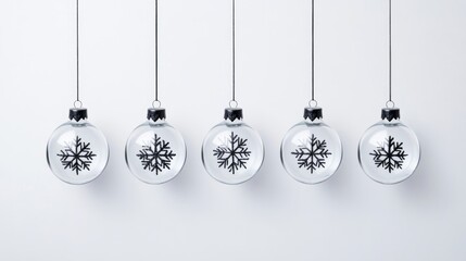 Glass ornaments filled with snowflakes and glitter, hanging on a minimalist white background with space for text 