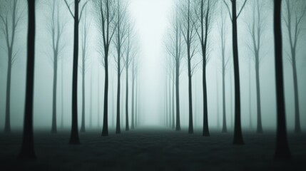 Fototapeta premium Gloomy, misty forest background in faded gray tones, with blurred trees fading into the distance, creating a depressive mood and room for text 