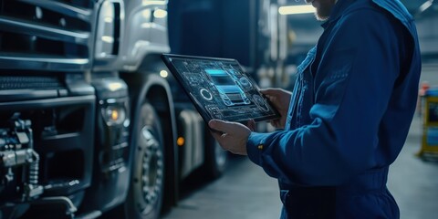 Mechanic Examining Truck Schematic on a Tablet