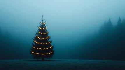 Glowing Christmas tree lights breaking through a dark foggy night, with faint outlines of snow-covered branches 