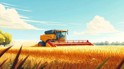 Obraz premium A rural scene showcasing a modern combine harvester at work in a rice field during the harvest season. Perfect for farming technology, rural economy, and food supply chains. 