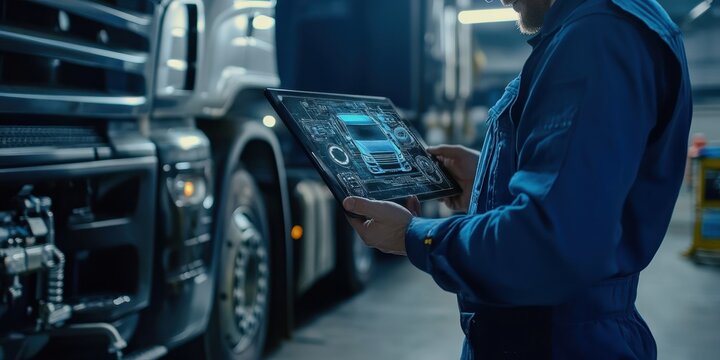 Mechanic Examining Truck Schematic on a Tablet - Powered by Adobe